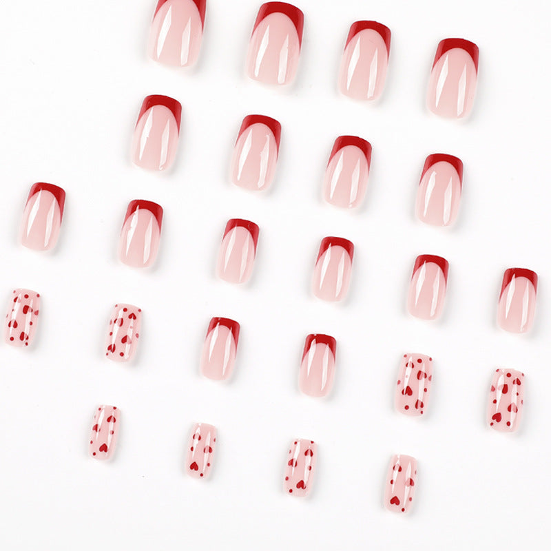 French Red Heart Square 24PCS Free Size Press on Nails JP2249