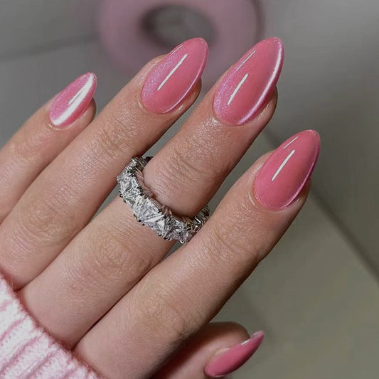 Rose Red Cat Eye Almond 24PCS Free Size Press on Nails W1528