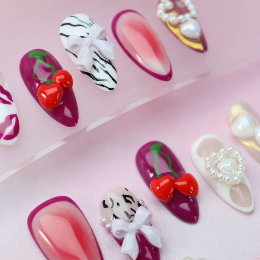 3D Cherry Lady Valentine's Day Handmade Almond Press On Nails A1170