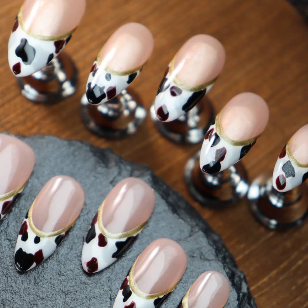 Maillard Cow Pattern French Point Handmade Almond Press on Nails A1179