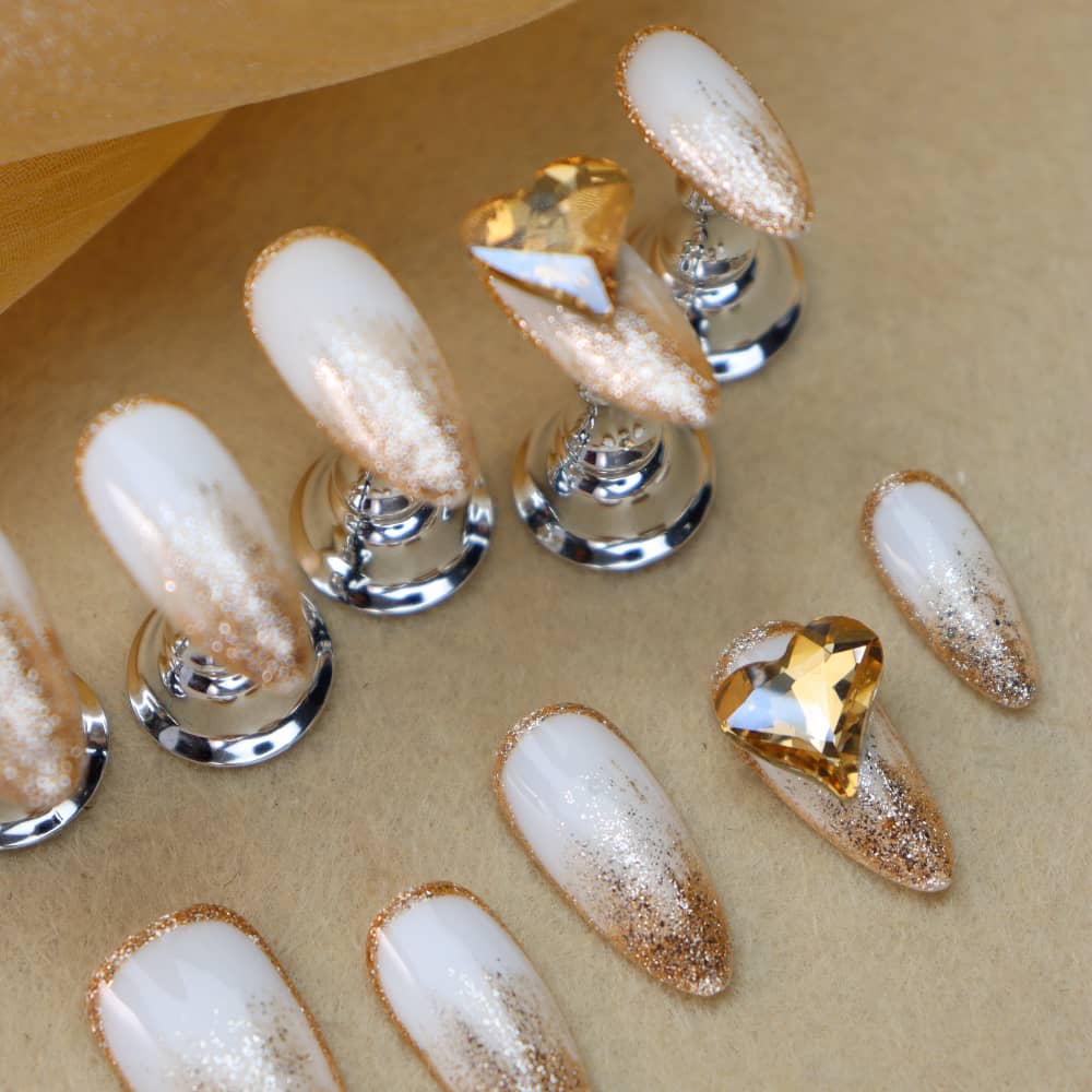 Champagne Party Rhinestones Handmade Almond Press On Nails A1178