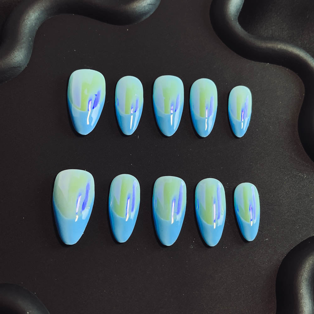 Blue Aurora French Tip Handmade Almond  Nails X1014 - NoirNail