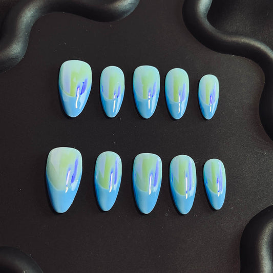 Blue Aurora French Tip Handmade Almond  Nails X1014 - NoirNail