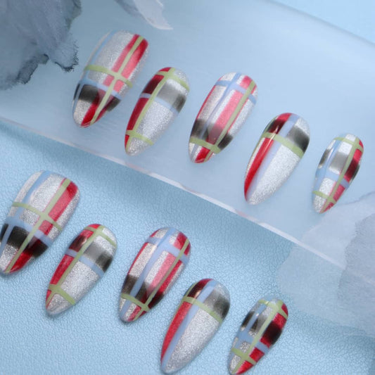 Miss CoCo Plaid Skirt Handmade Almond Press On Nails A1152