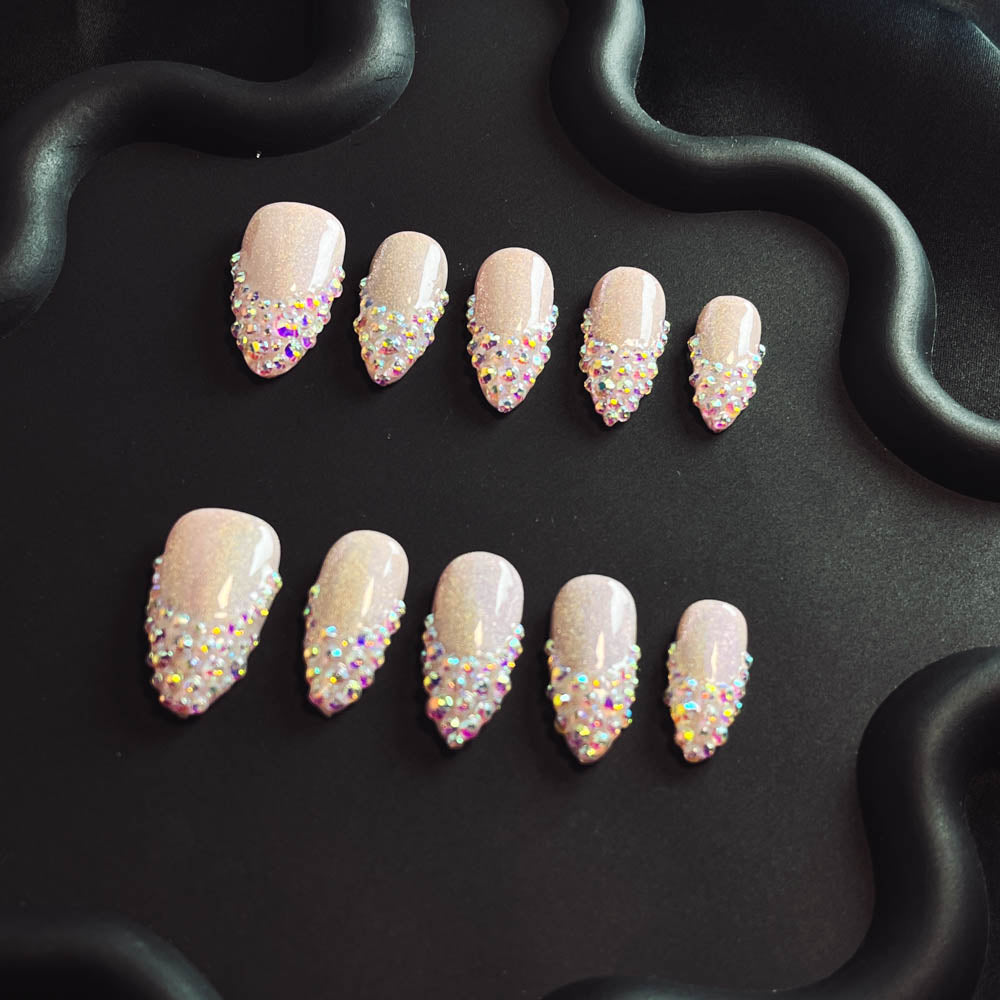 Aurora Rhinestone French Tip Handmade Almond  Nails XZ1009 - NoirNail