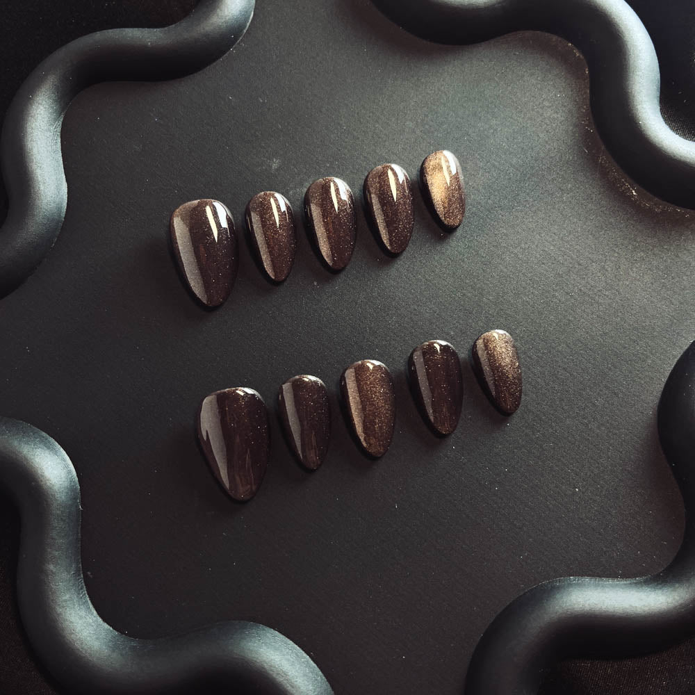 Coffee Cat Eyes Gel Nail Handmade Almond Press-ons Nail MQ1005 - NoirNail