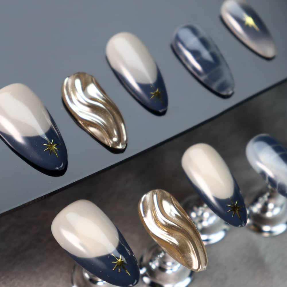 Star Stories Navy Y2K French Tip Handmade Almond Press on Nails A889
