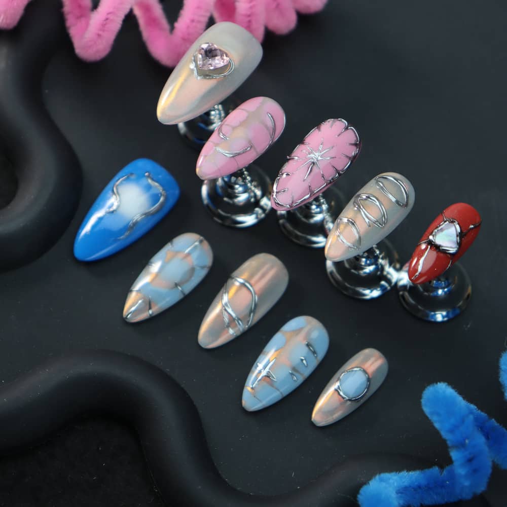 Pink Cyberpunk Y2K Handmade Almond Press On Nails A1328