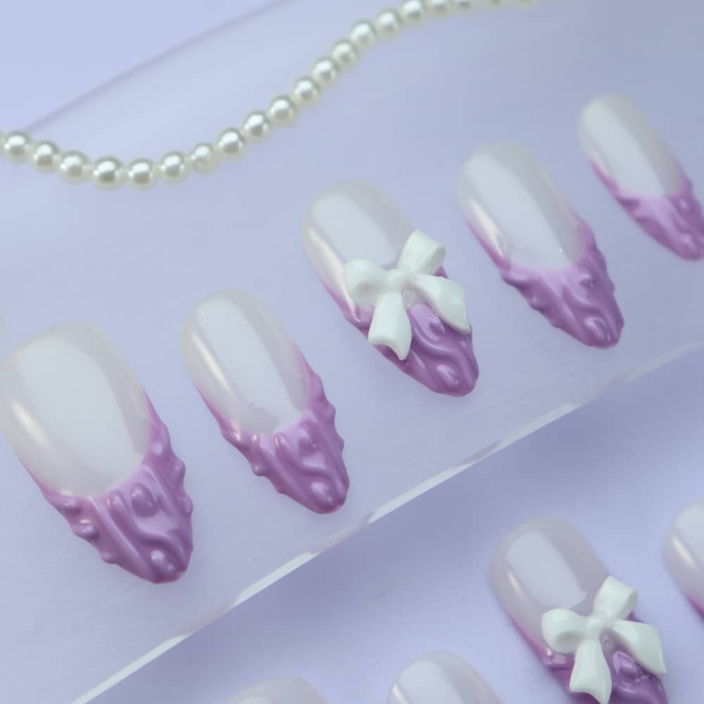 Lavender Purple French Tip Handmade Almond Press on Nails A1110