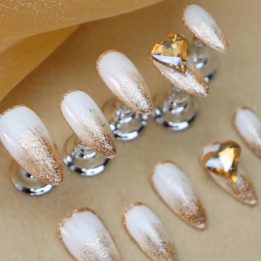Champagne Party Rhinestones Handmade Almond Press On Nails A1178
