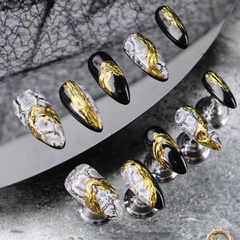 Gilded Python Pattern Handmade Almond Press on Nails A1151