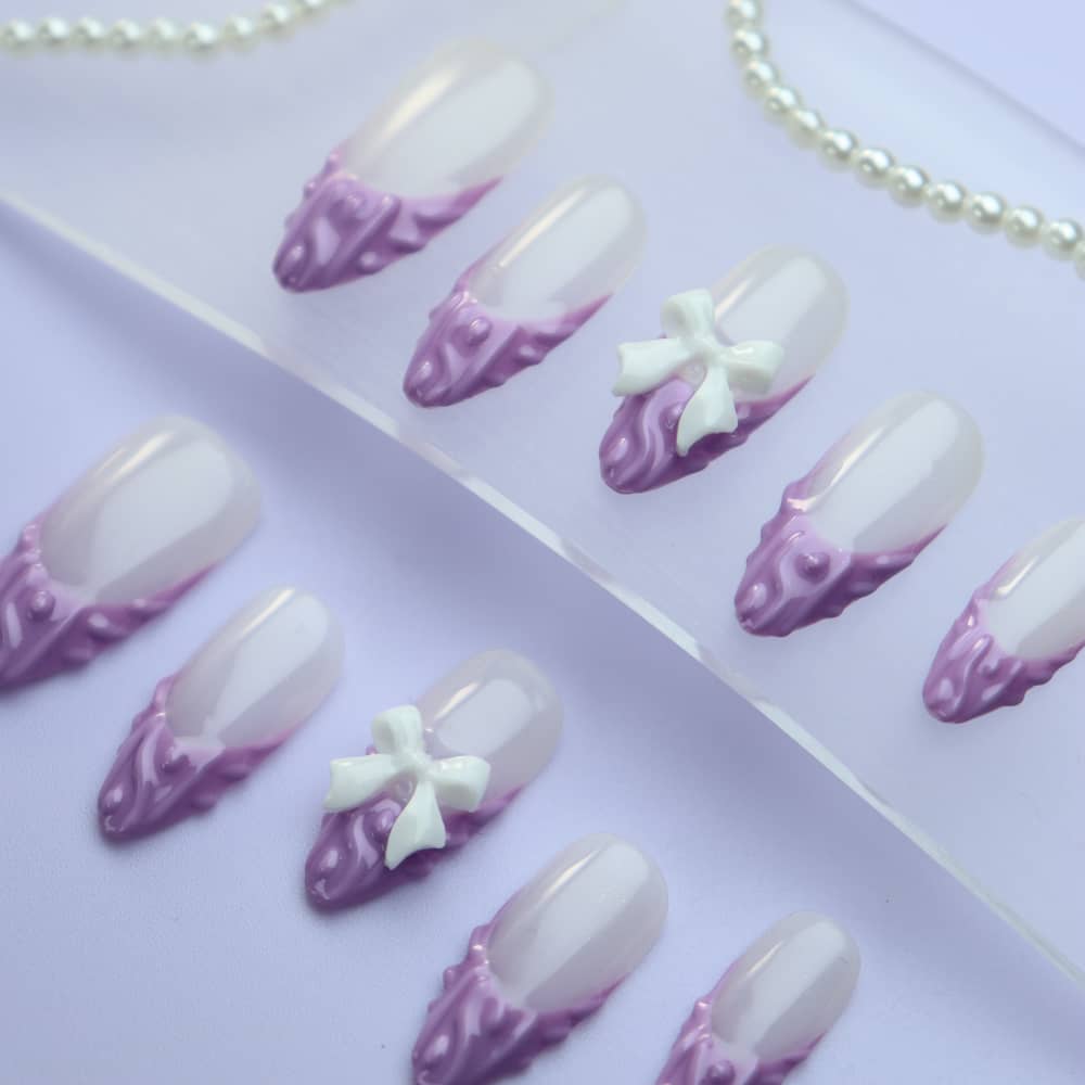 Lavender Purple French Tip Handmade Almond Press on Nails A1110