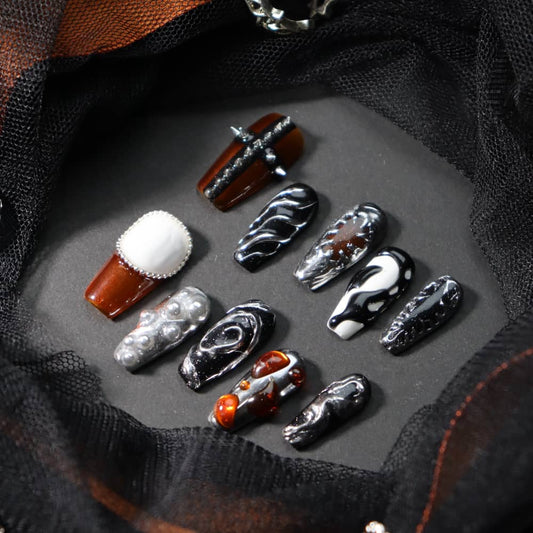 Maillard Vintage Amber Coffin Handmade Press On Nails A791