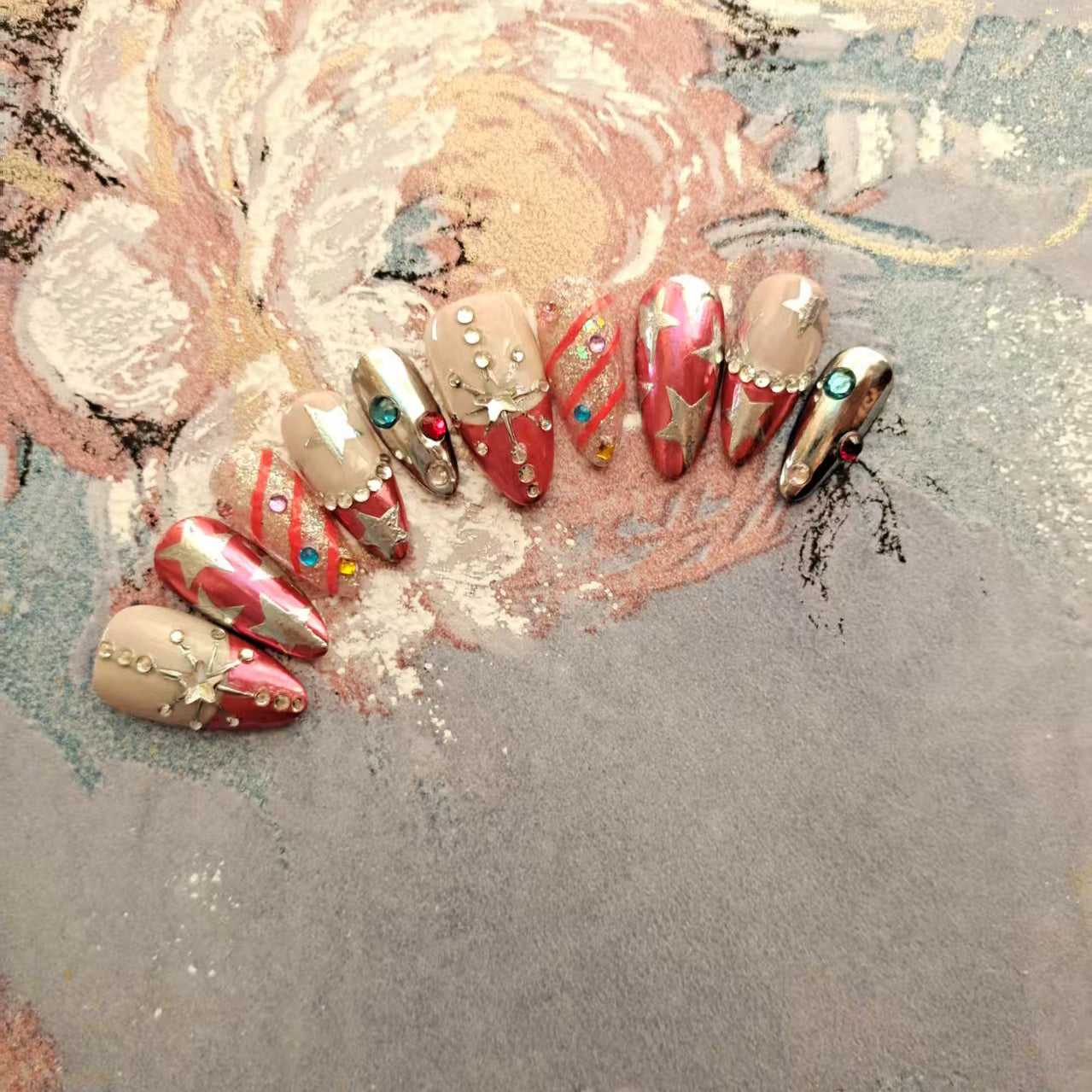 Pink Striped Stars Handmade Almond Press on Nails