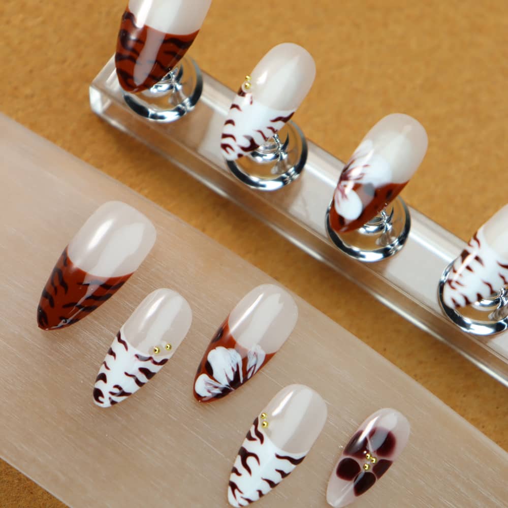 Maillard Zebra Print French Tip Handmade Almond Press On Nails A1077