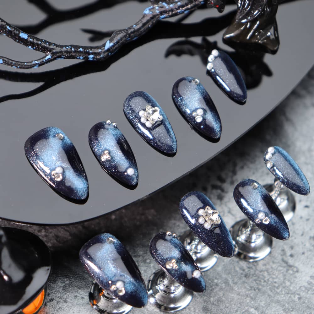Dark Blue Cat Eye Handmade Almond Press On Nails A1096