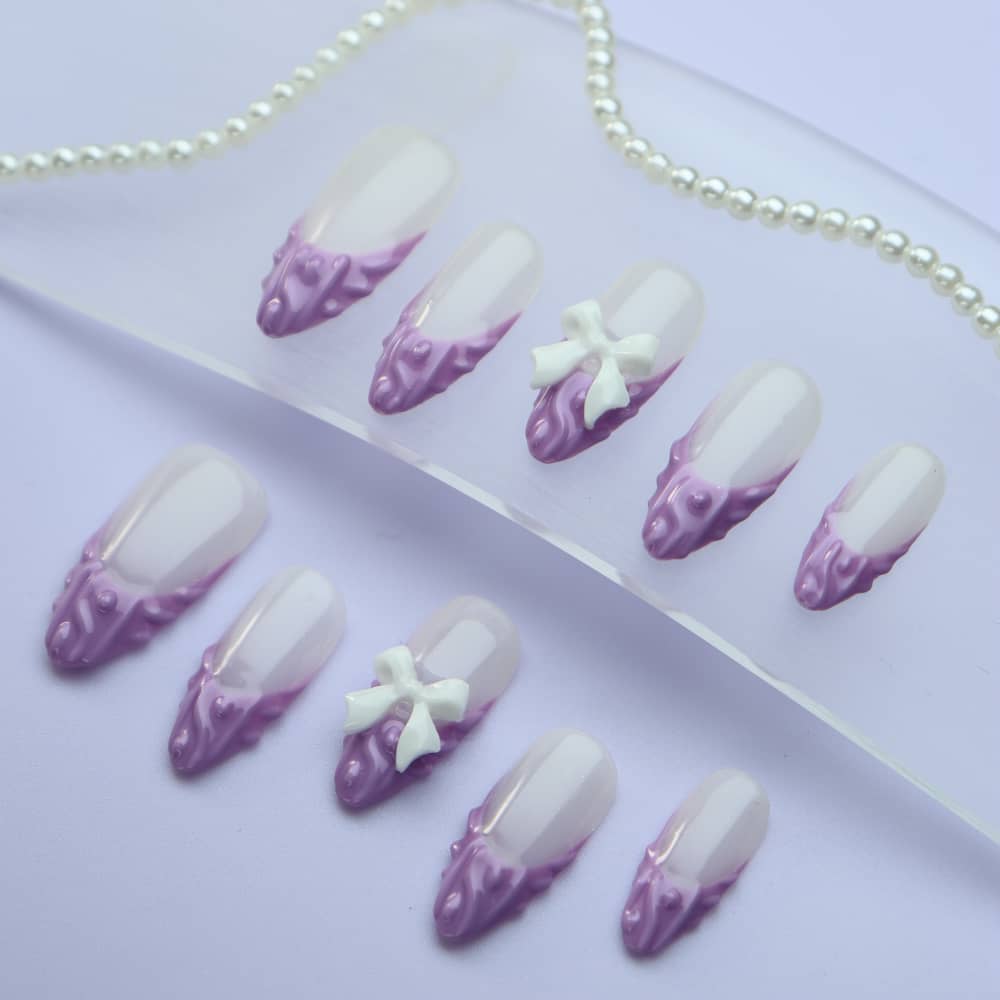 Lavender Purple French Tip Handmade Almond Press on Nails A1110