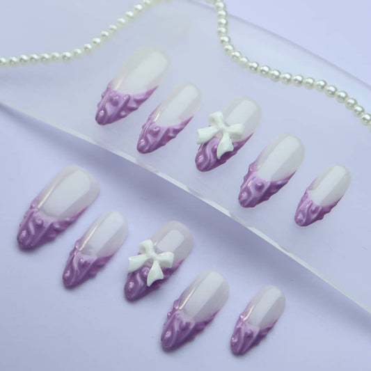 Lavender Purple French Tip Handmade Almond Press on Nails A1110