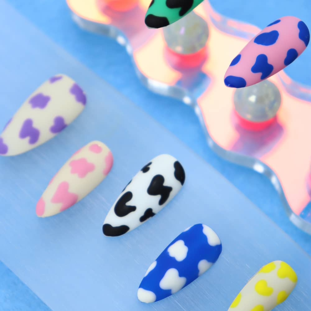 Dopamine Cow pattern Handmade Almond Press On Nails A611