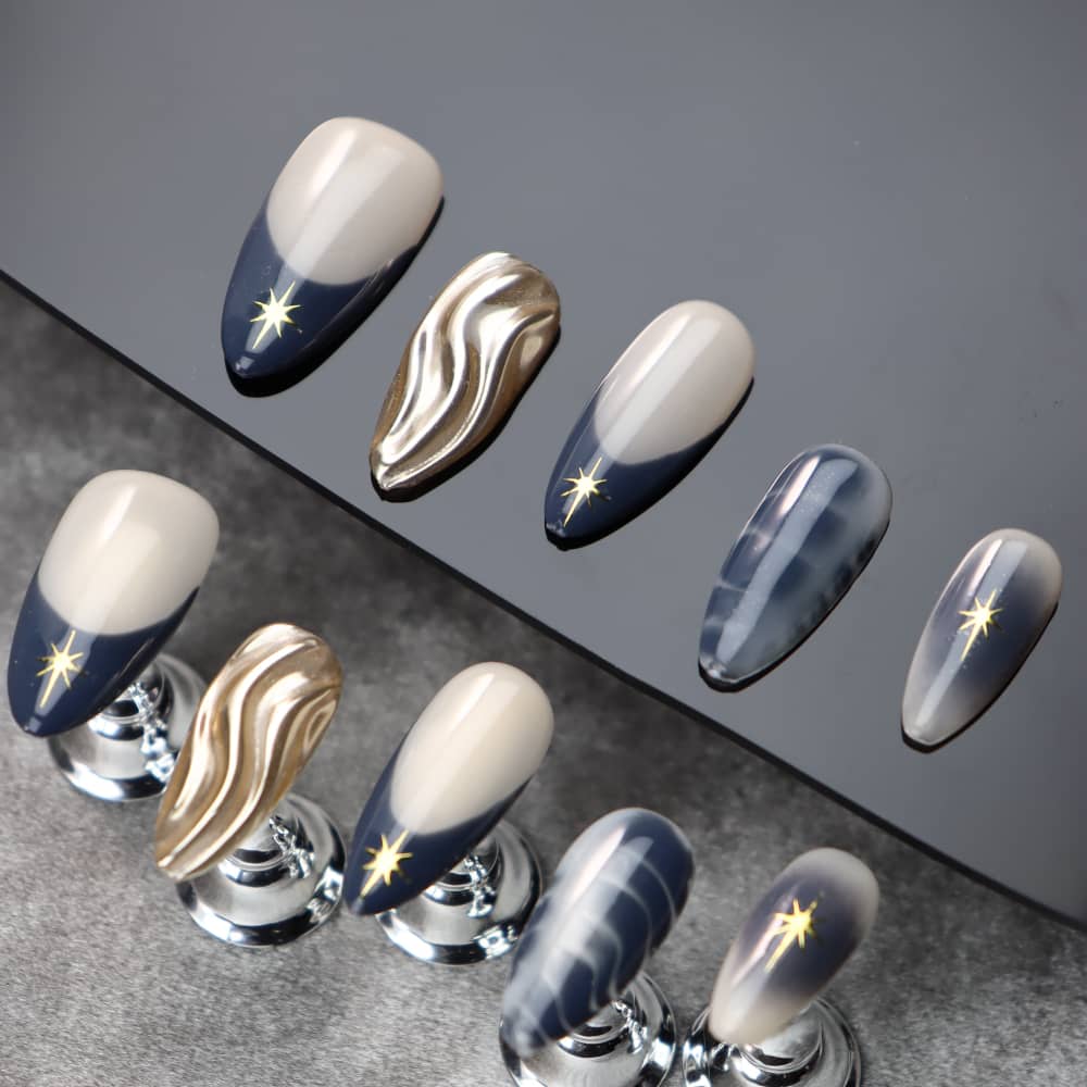 Star Stories Navy Y2K French Tip Handmade Almond Press on Nails A889
