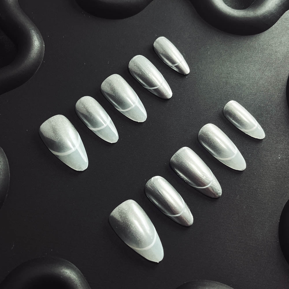 Silver French Tip Handmade Almond  Nails X1122 - NoirNail