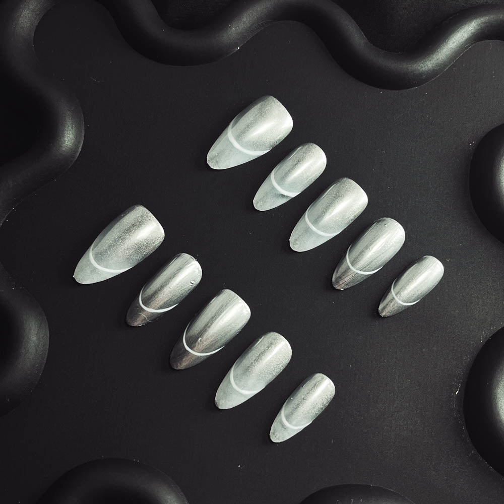 Silver French Tip Handmade Almond  Nails X1122 - NoirNail