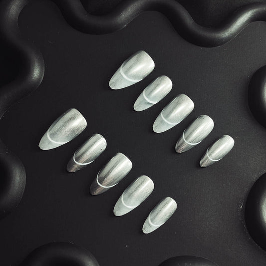 Silver French Tip Handmade Almond  Nails X1122 - NoirNail