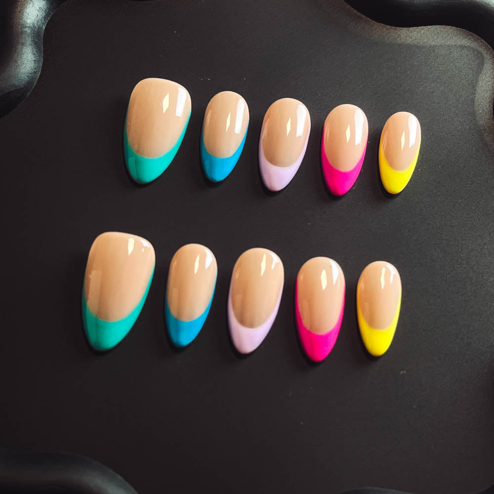 Macaron French Tip  Handmade Almond  Nails T1004 - NoirNail