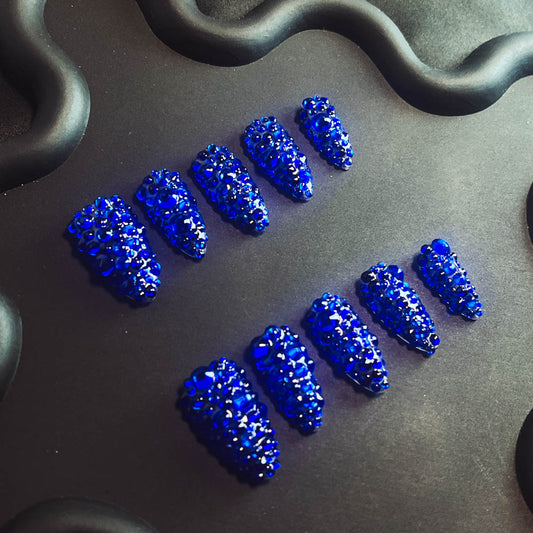 Klein Blue Rhinestones Handmade Almond  Nails XZ1023 - NoirNail