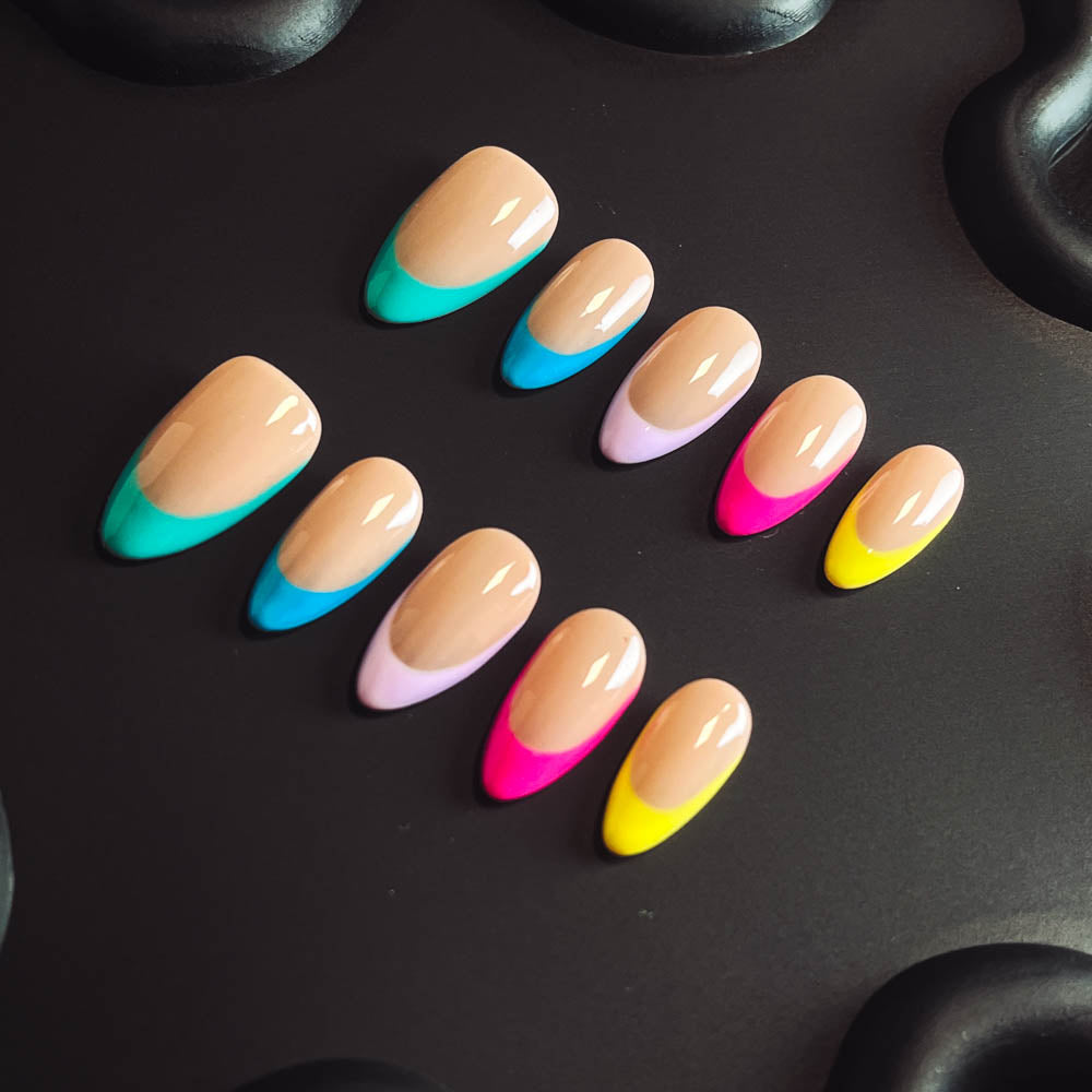 Macaron French Tip  Handmade Almond  Nails T1004 - NoirNail