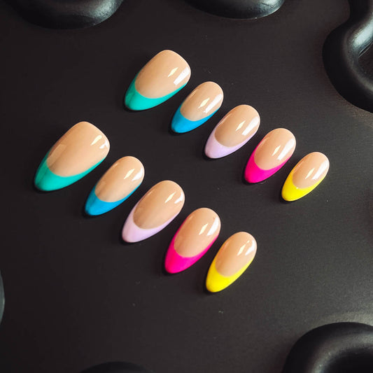 Macaron French Tip  Handmade Almond  Nails T1004 - NoirNail