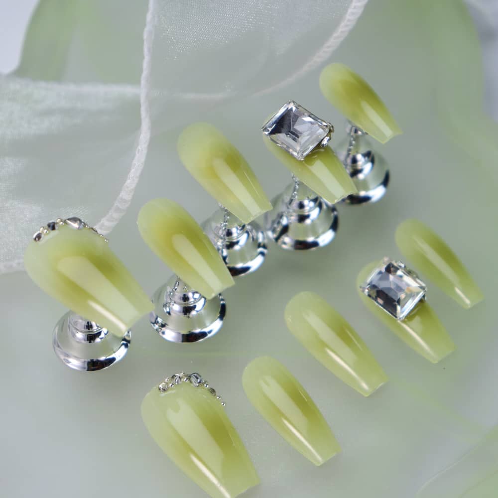 Peppermint Mambo Lime Rhinestones Handmade Almond Press On Nails P10