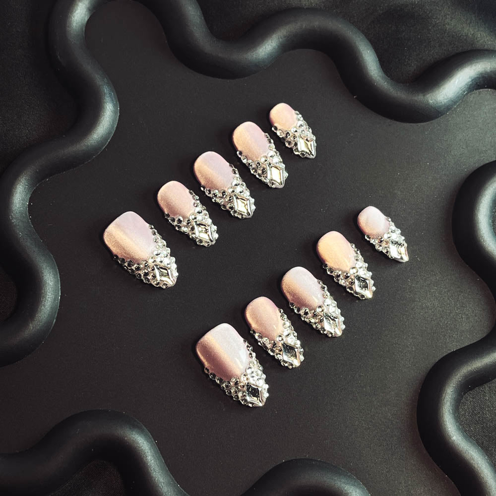 Silver Rhinestone French Tip Handmade Almond  Nails XZ1008 - NoirNail