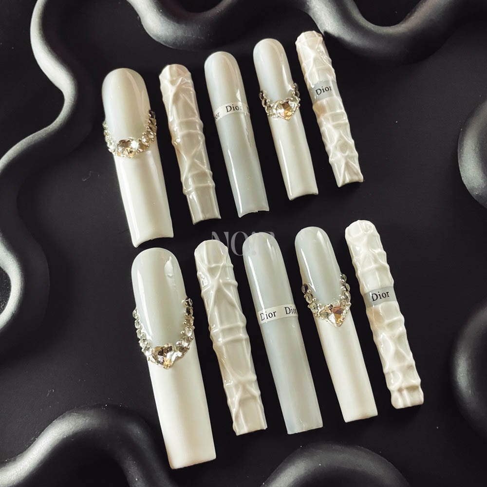 White Sweater  Rhinestone Handmade  Square  Nails OM1058 - NoirNail