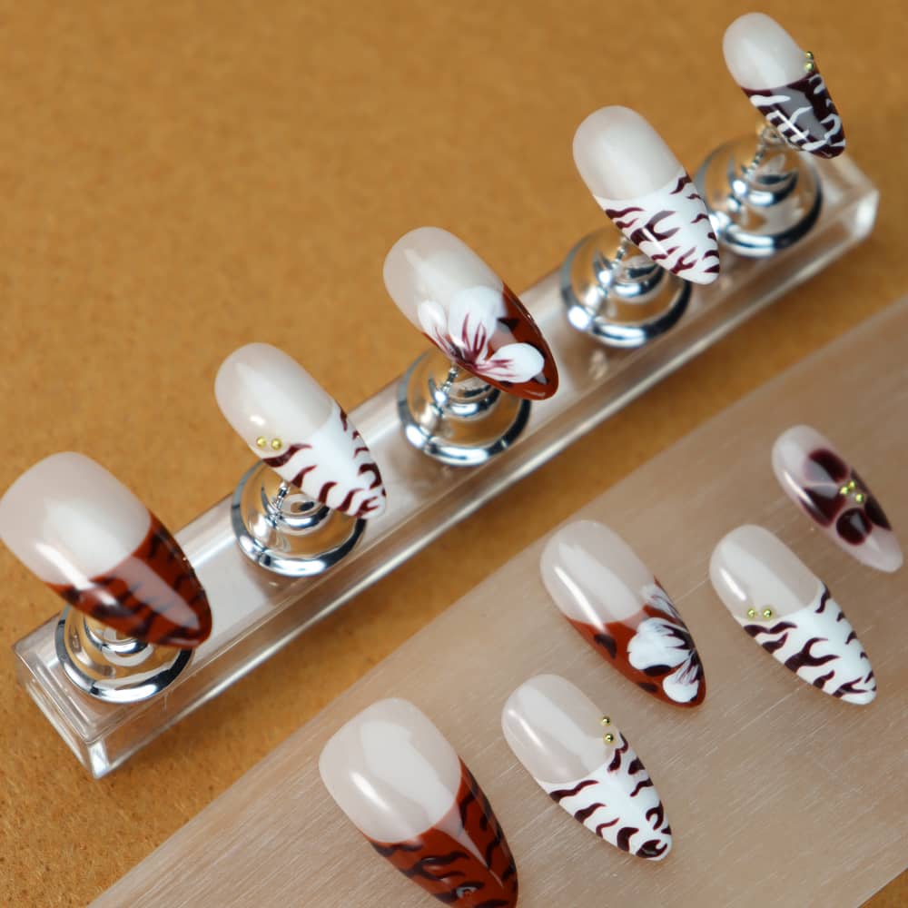 Maillard Zebra Print French Tip Handmade Almond Press On Nails A1077
