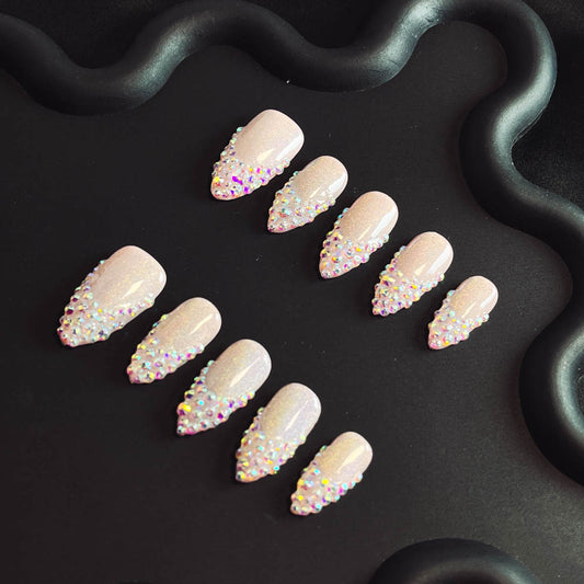 Aurora Rhinestone French Tip Handmade Almond  Nails XZ1009 - NoirNail