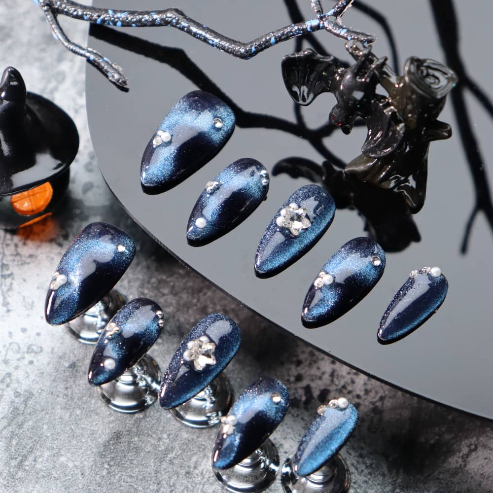 Dark Blue Cat Eye Handmade Almond Press On Nails A1096