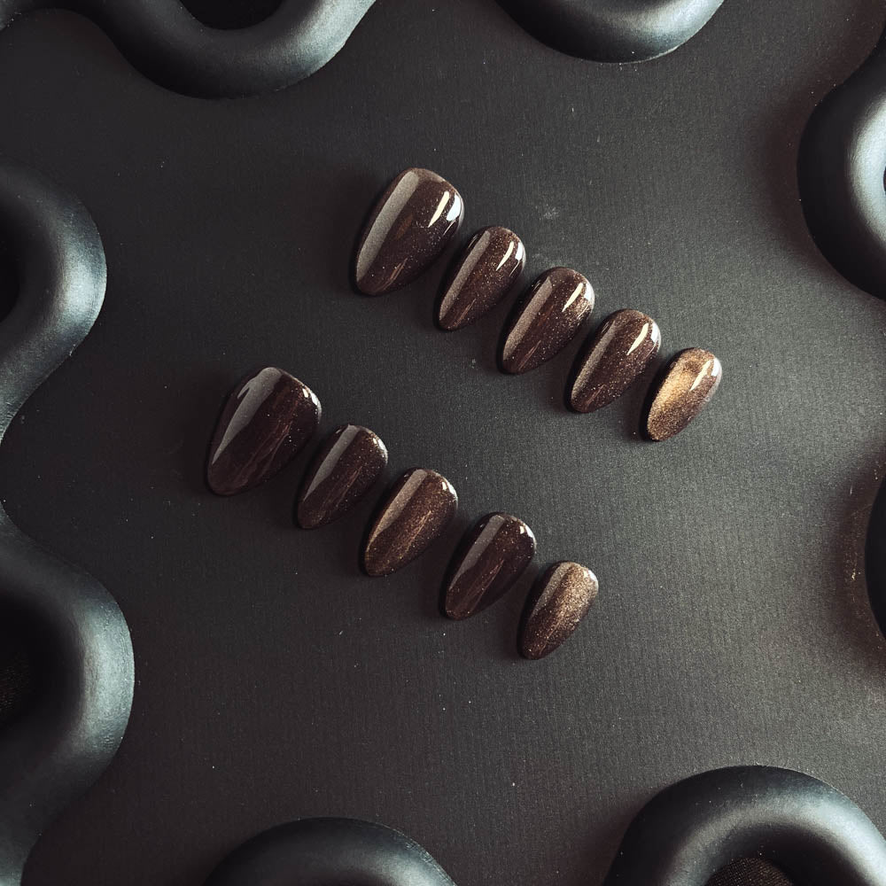 Coffee Cat Eyes Gel Nail Handmade Almond Press-ons Nail MQ1005 - NoirNail