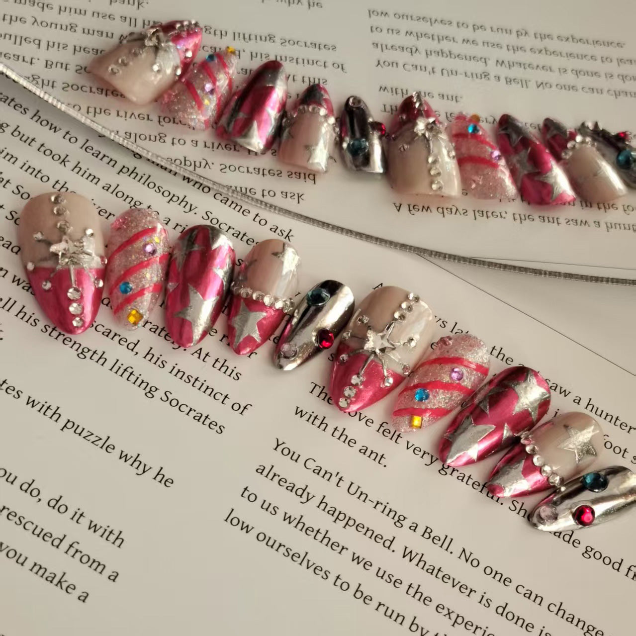 Pink Striped Stars Handmade Almond Press on Nails
