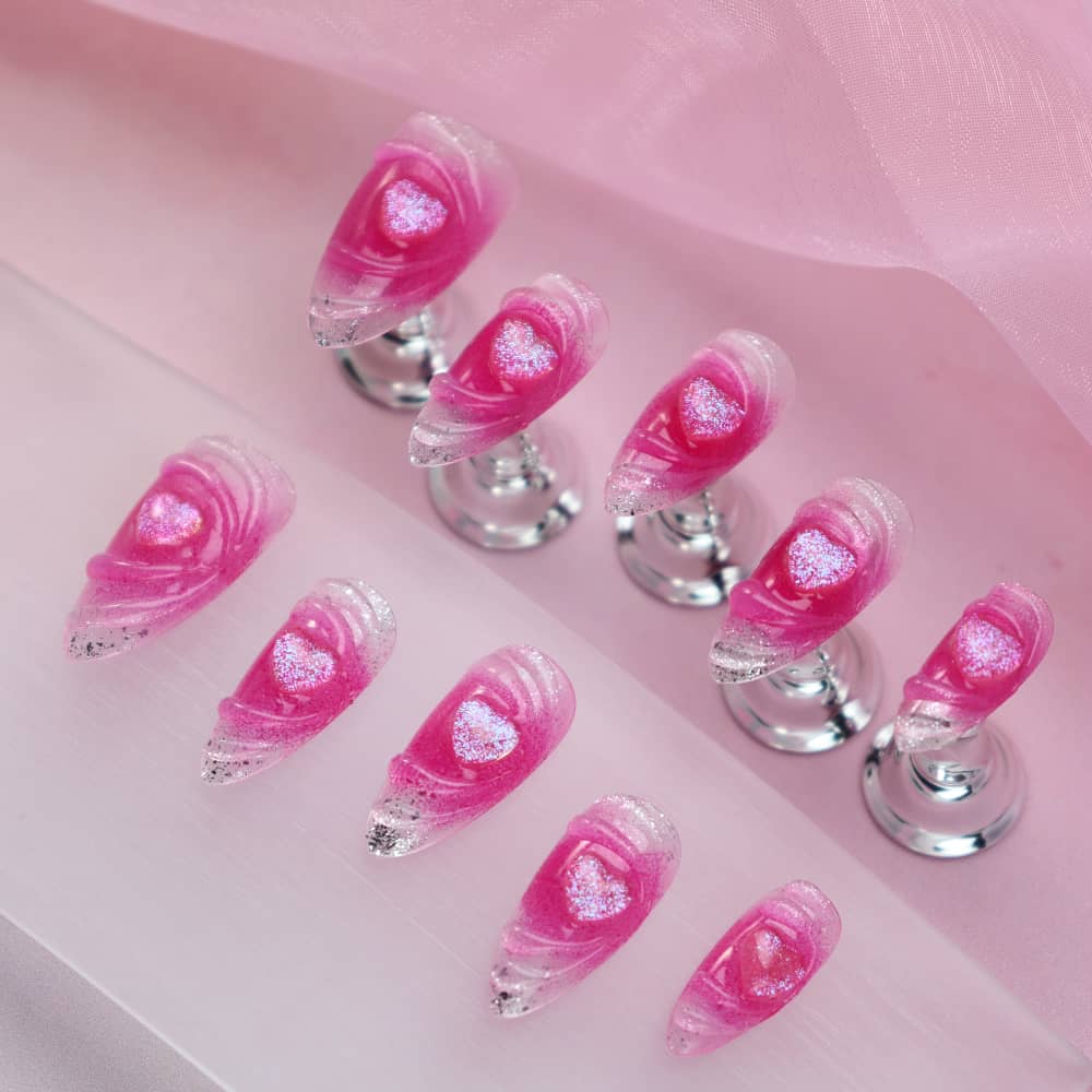 Rose Red Love Whirlpool Handmade Stiletto Press On Nails  A973