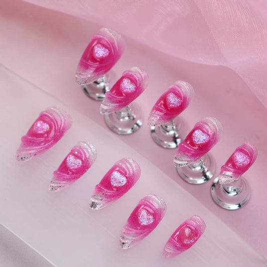 Rose Red Love Whirlpool Handmade Stiletto Press On Nails  A973
