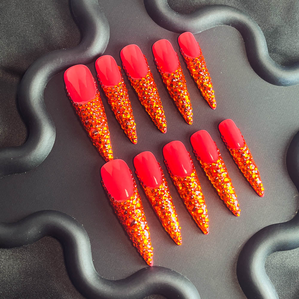 Orange Liqueur Rhinestone Handmade Stiletto  Nails MM1004 - NoirNail