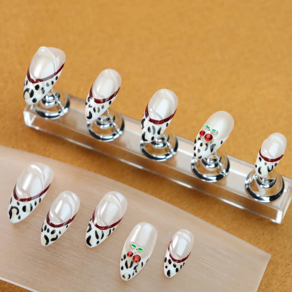 French Cherry Cheetah Cub Handmade Almond Press On Nails A1071