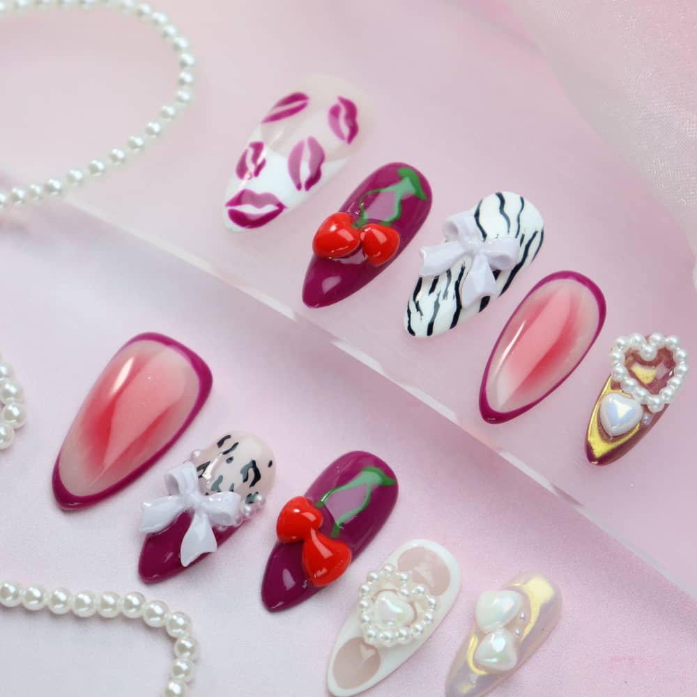 3D Cherry Lady Valentine's Day Handmade Almond Press On Nails A1170