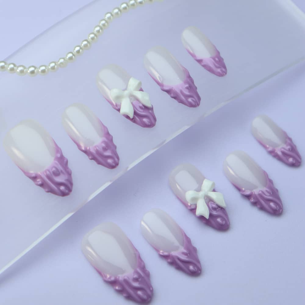 Lavender Purple French Tip Handmade Almond Press on Nails A1110