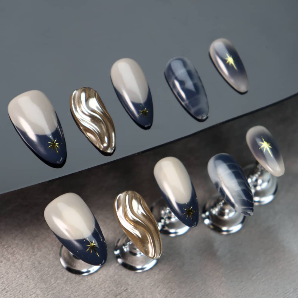 Star Stories Navy Y2K French Tip Handmade Almond Press on Nails A889