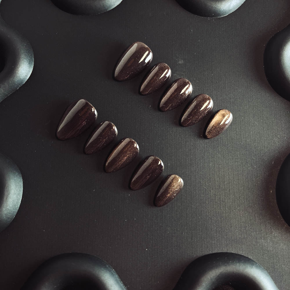 Coffee Cat Eyes Gel Nail Handmade Almond Press-ons Nail MQ1005 - NoirNail