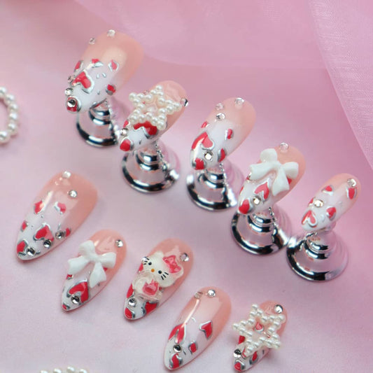Heart Shape Deep French Hello Kitty Handmade Almond Press On Nails A965
