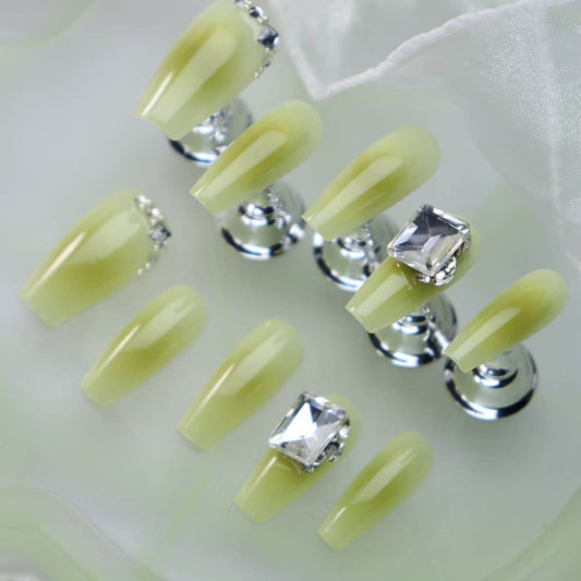 Peppermint Mambo Lime Rhinestones Handmade Almond Press On Nails P10