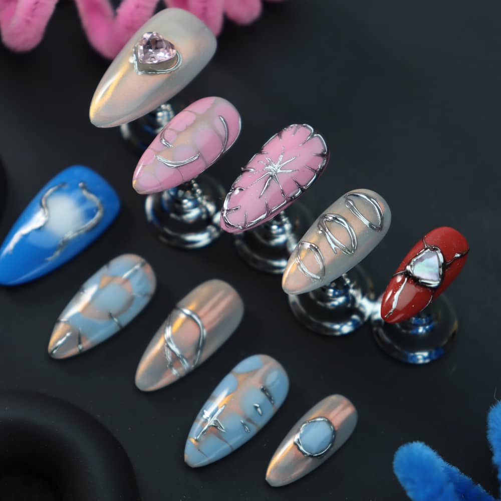 Pink Cyberpunk Y2K Handmade Almond Press On Nails A1328